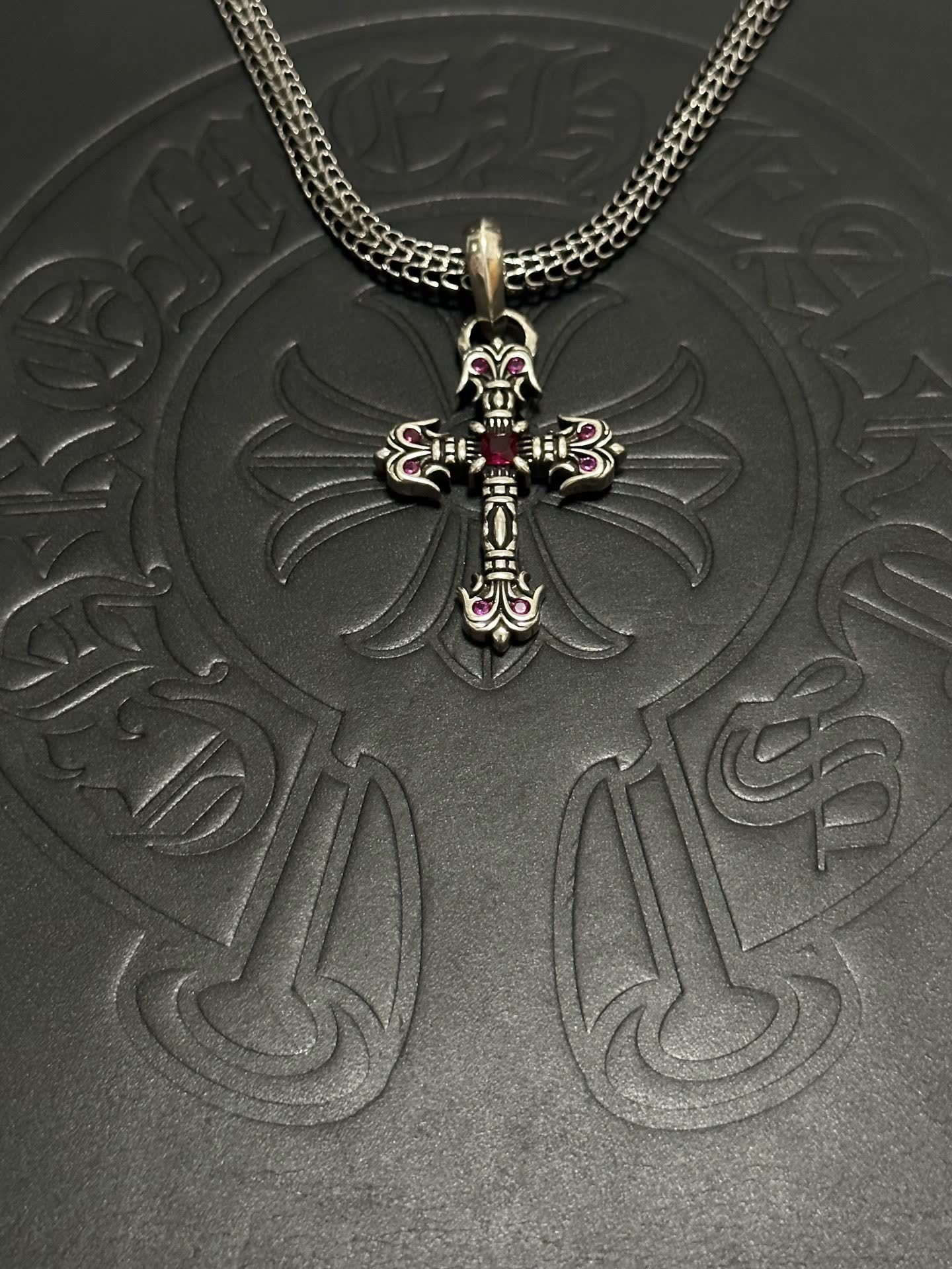 Chrome Hearts Silver Cross Pendant with Pink Stones